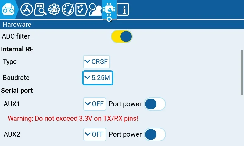 Официальный экран Hardware с примером типа Internal RF и Baudrate