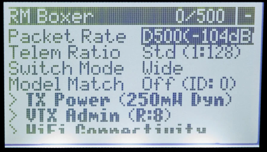 Official ExpressLRS monochrome Lua display showing packet rate and sensitivity